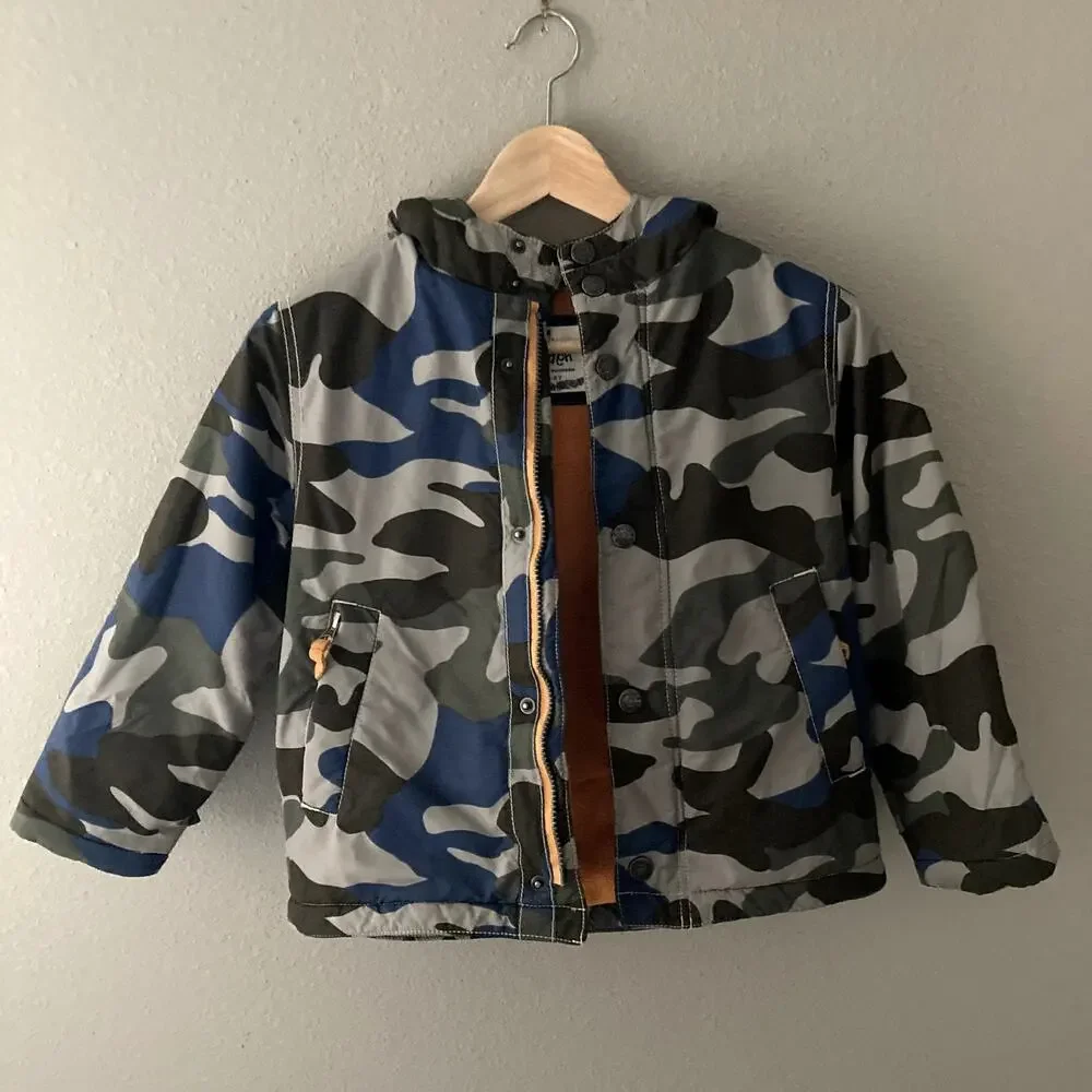 Mini Boden Camo Winter Jacket - Fleece Lined - Gray Blue Green - 5-6